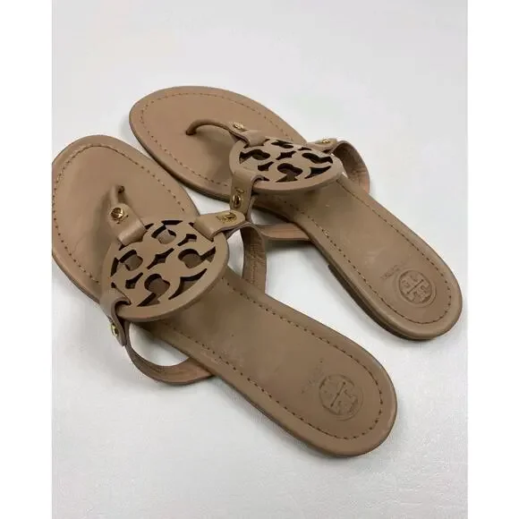 Tory Burch Miller Leather Thong Flip Flop Women Sandal Vintage Large Logo Sz 9.5 - Picture 3 of 6